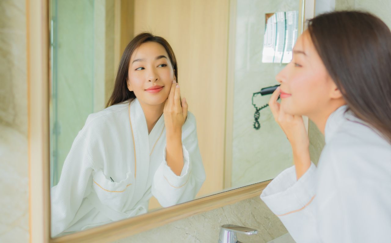 A woman touches her face as she looks at herself in the mirror to inspect her skin. 