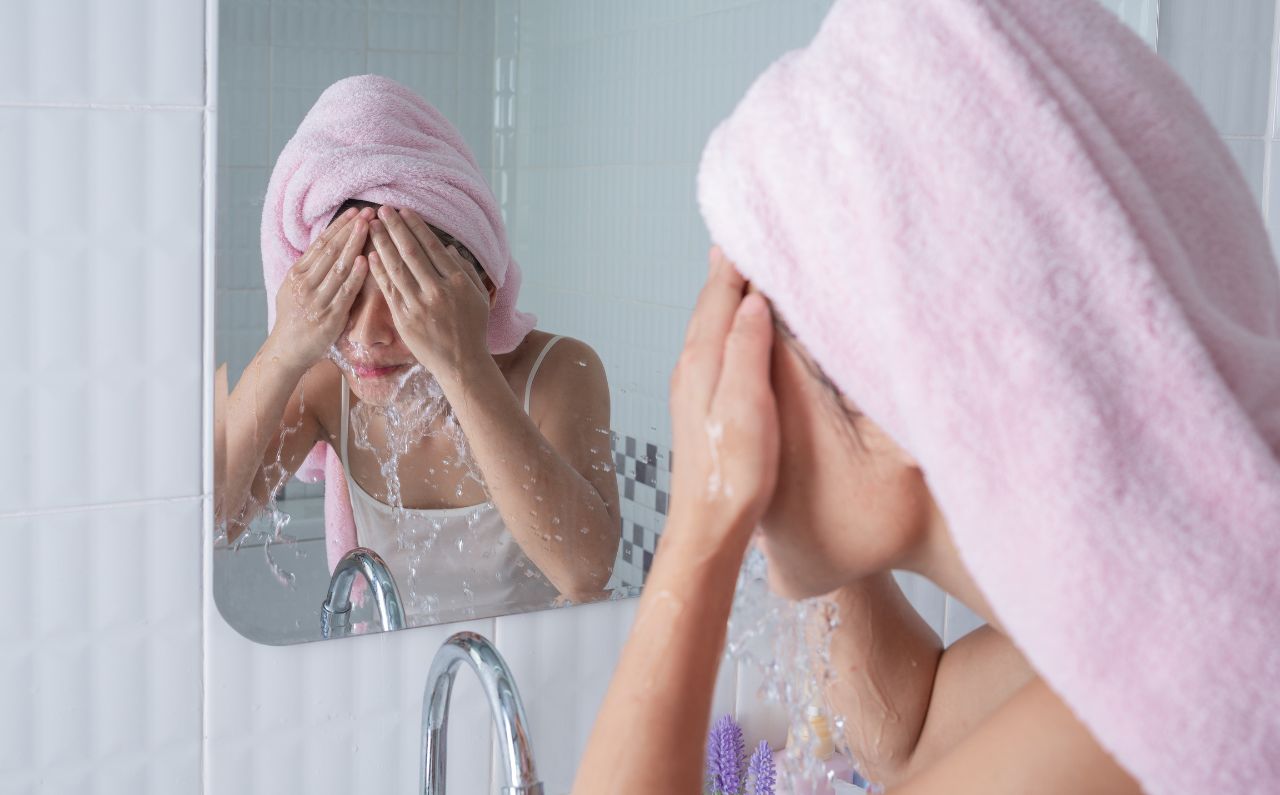 A woman cleanses her face from the bathroom sink. 