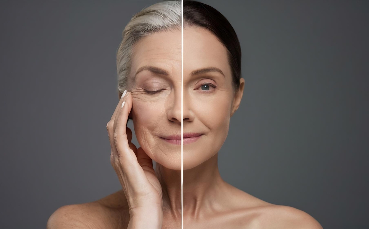 A woman with two different features. The left side shows significant effect of ageing such as deep wrinkles, grey hairs but the right side showed a youthful appearance with dark hair and less prominent wrinkles. 