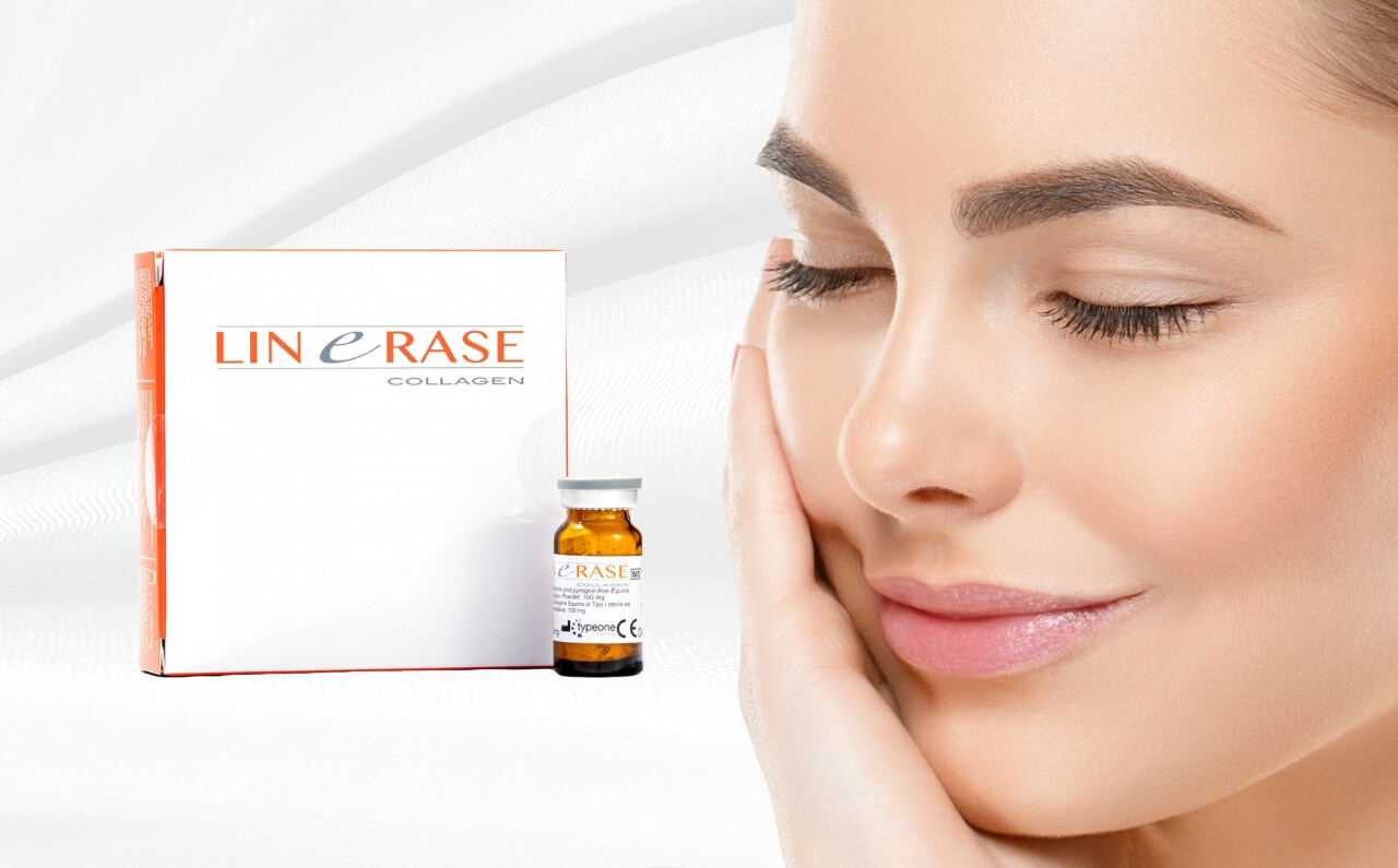 A woman with clear, radiant skin smiles confidently, with Linerase Collagen displayed in the background.