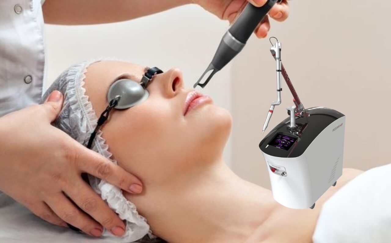 A woman receiving Pico Laser treatment at an aesthetic clinic, highlighting advanced technology used for treating stubborn pigmentation.