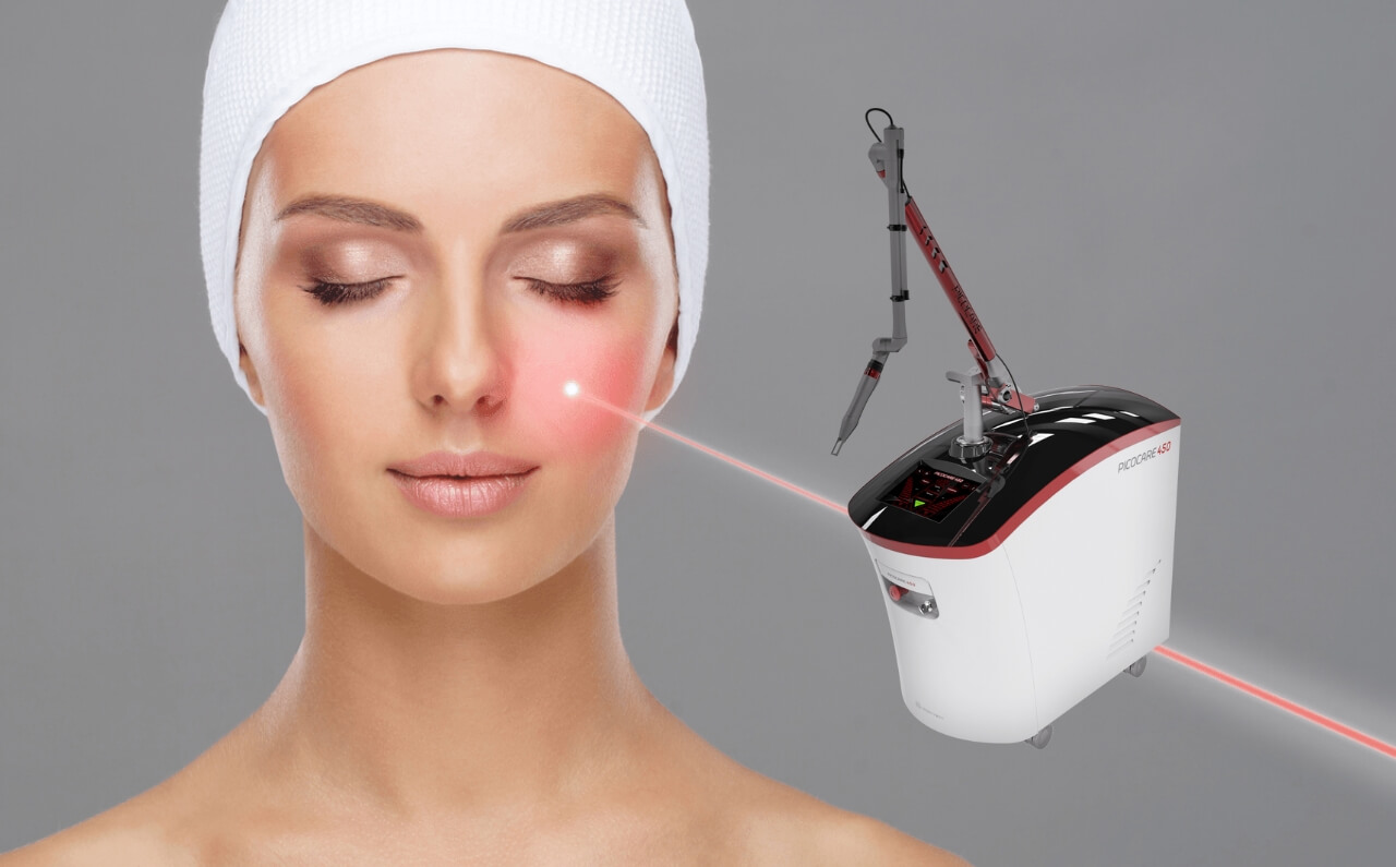 A woman with clear, radiant skin undergoing treatment with a Pico Laser device, showcasing its suitability for various skin concerns.