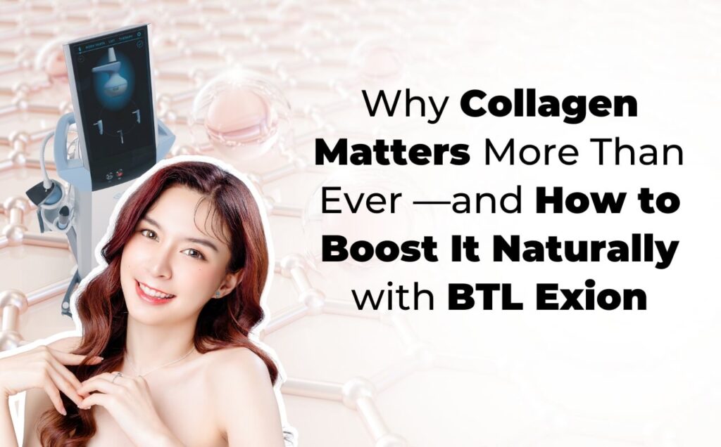 A smiling woman seated with the BTL Exion device in the background, symbolizing non-invasive collagen-boosting technology for youthful skin.