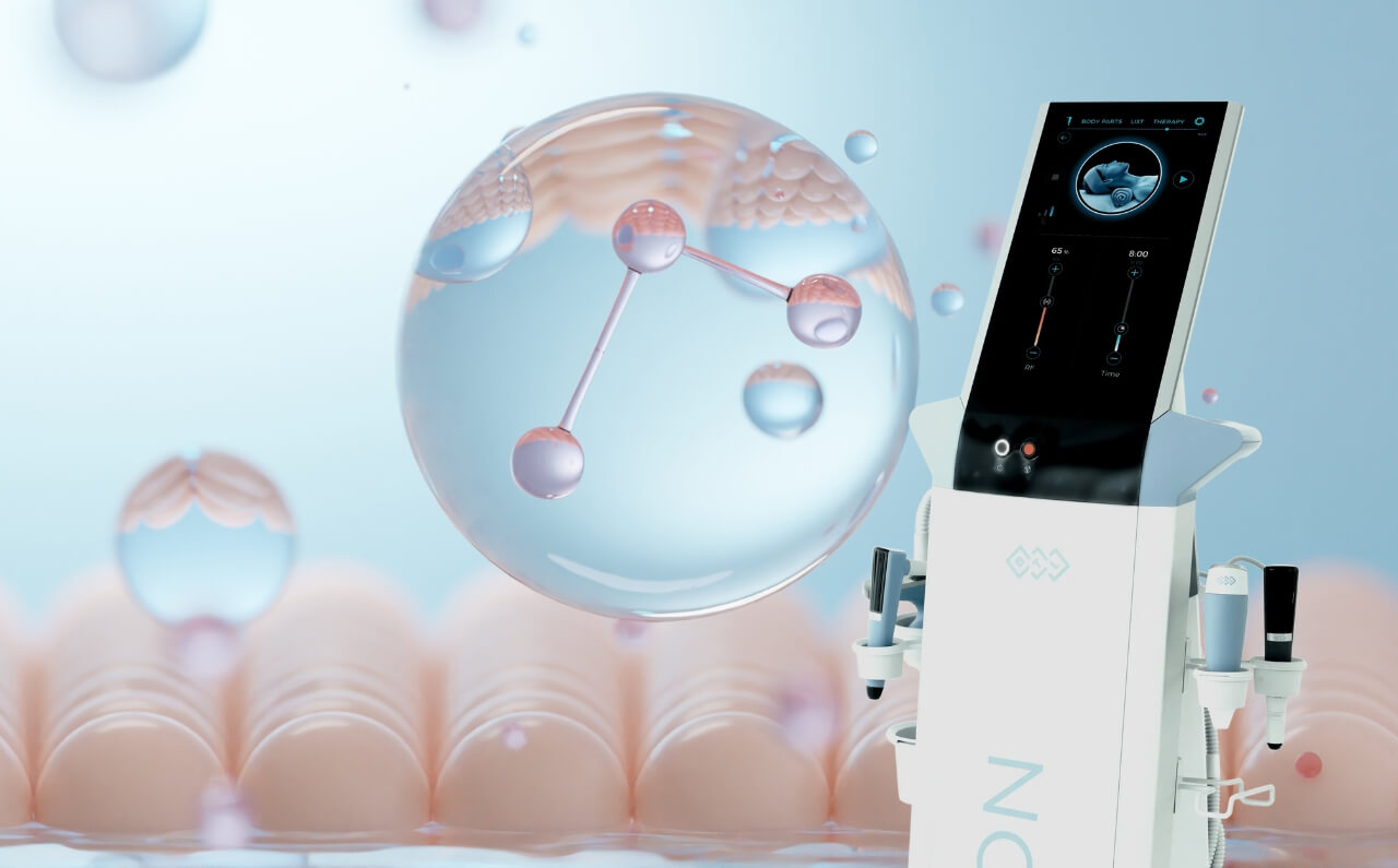 BTL Exion device alongside a visual representation of collagen fibers, highlighting its natural collagen stimulation benefits for youthful, radiant skin